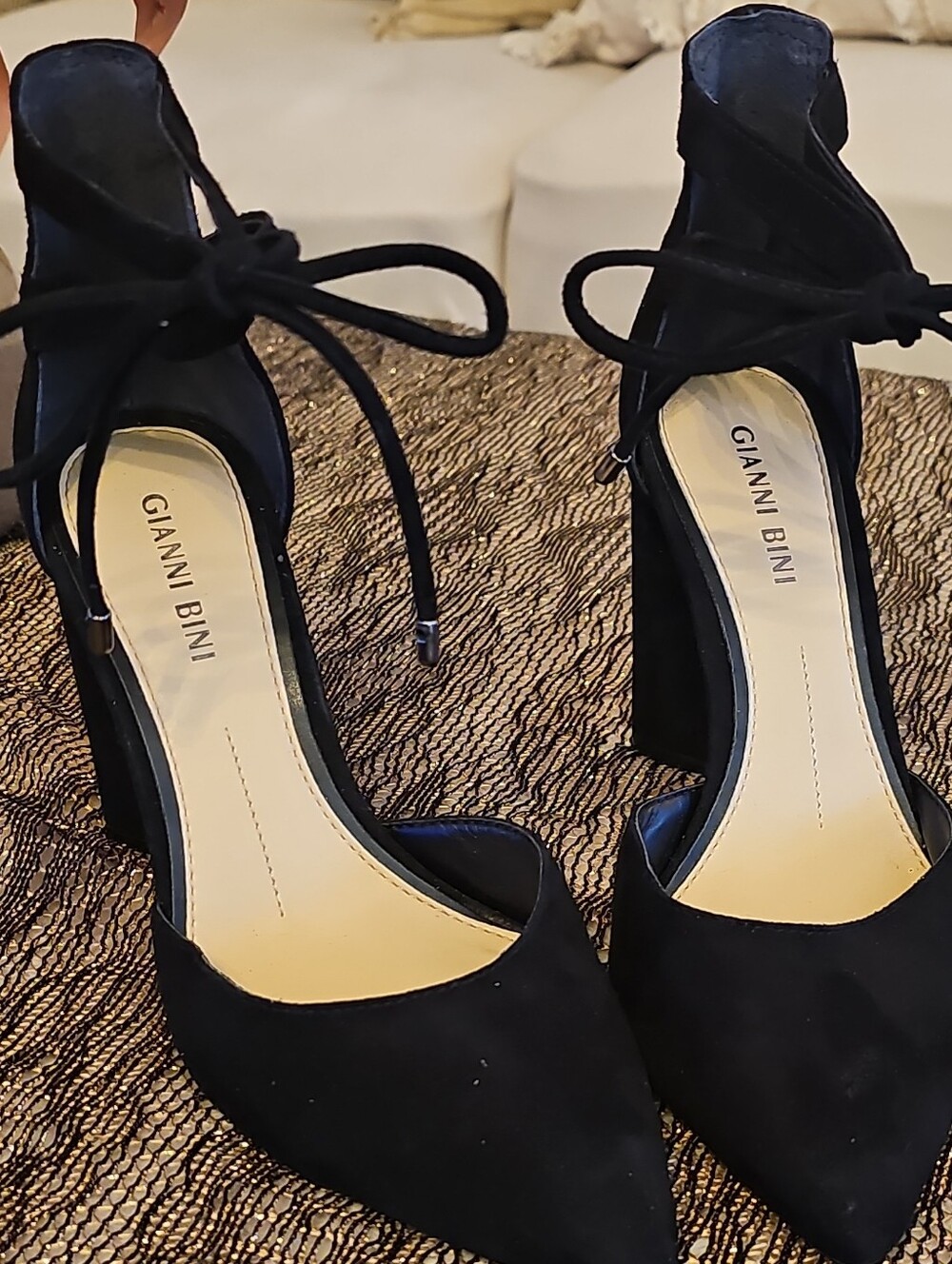 Gianni Bini Black Suede Pointed Toe Ankle Tie Block Heels